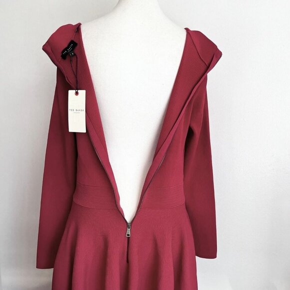 NWT TED BAKER VIENNIA LONG SLEEVE STRETCH KNIT FIT & FLARE DRESS IN DEEP PINK -L - Picture 9 of 16